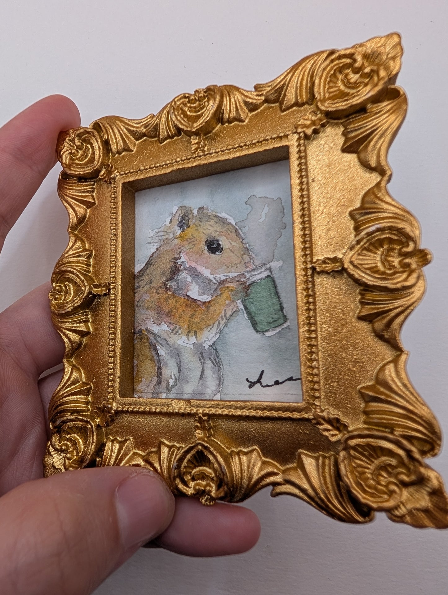 Mini Squirrel with Coffee Painting - Original Watercolor Art by Lora Cavallin