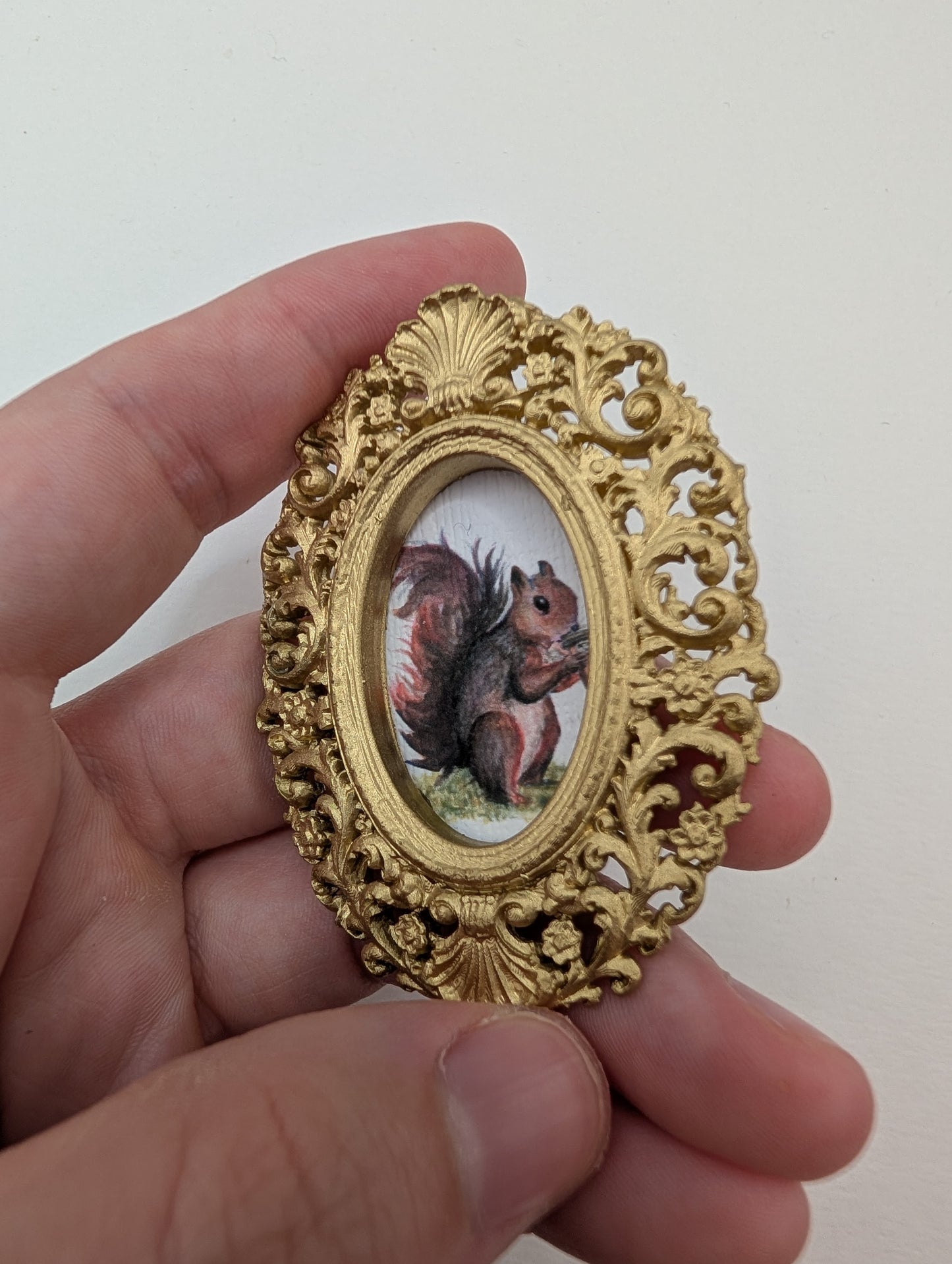 Tiny Squirrel Drinking Coffee Art Print - Dollhouse Size - With Gold Frame