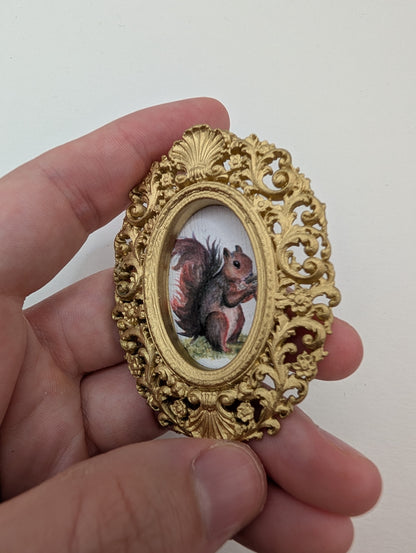 Tiny Squirrel Drinking Coffee Art Print - Dollhouse Size - With Gold Frame