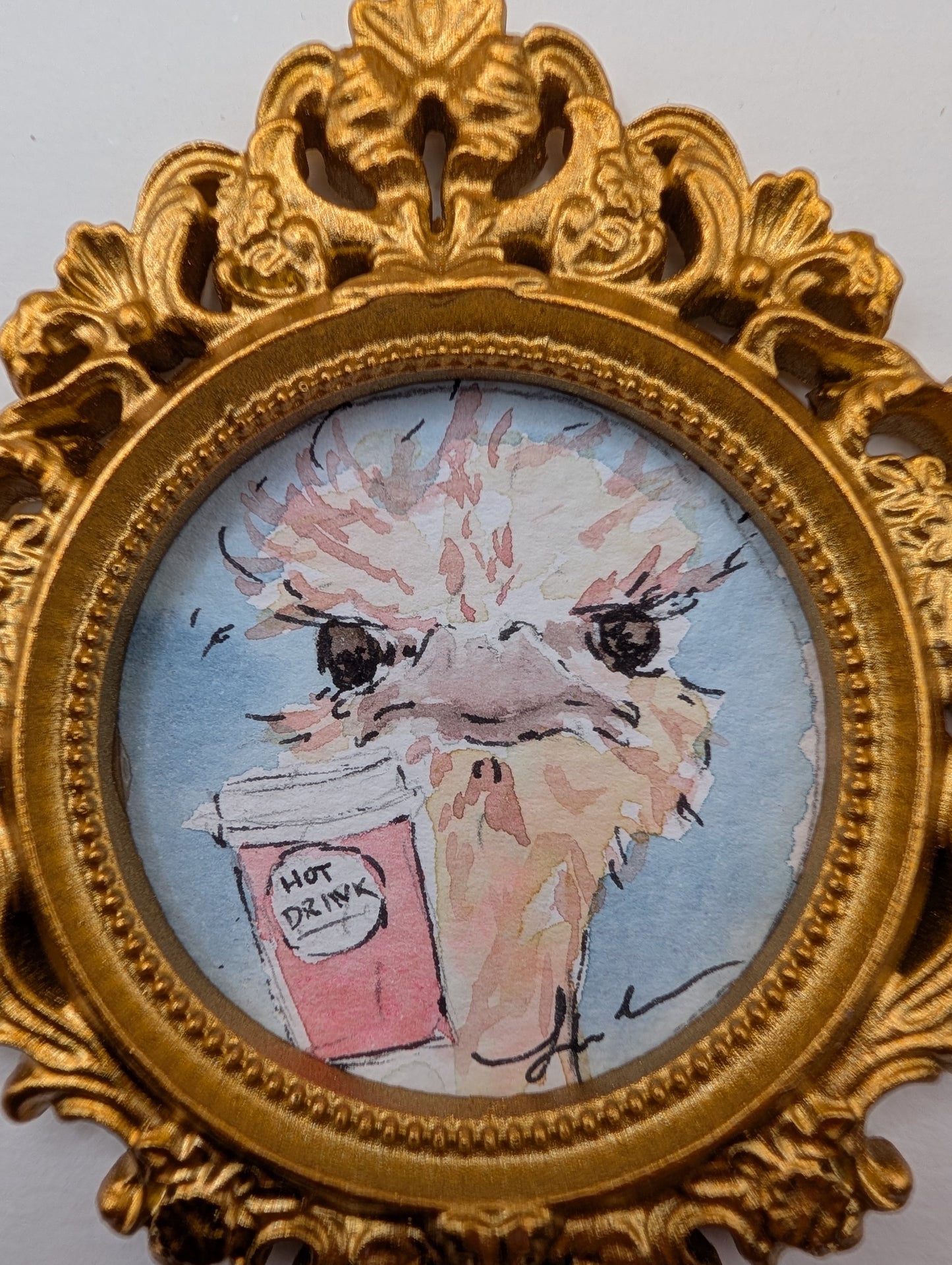 Mini Ostrich with Coffee Painting - Original Watercolor Art by Lora Cavallin
