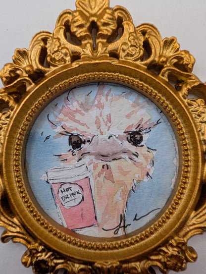Mini Ostrich with Coffee Painting - Original Watercolor Art by Lora Cavallin
