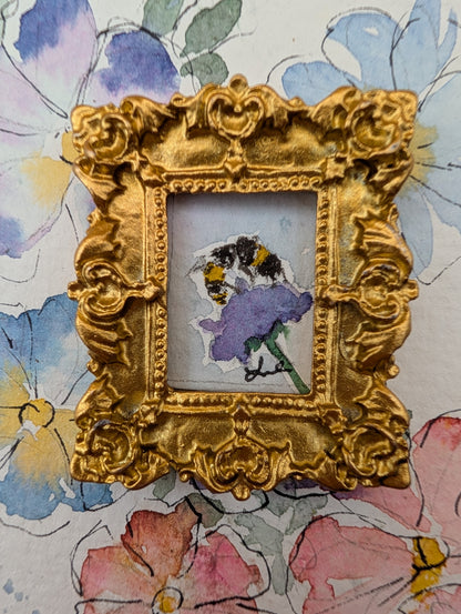 Mini Bee on Flower Painting - Original Watercolor Art by Lora Cavallin