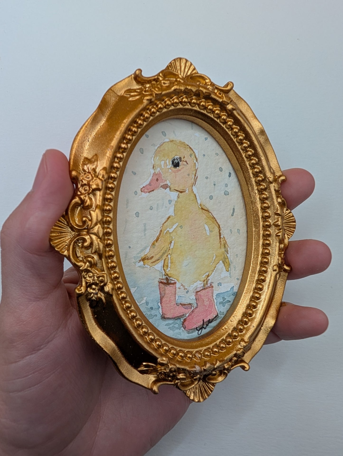 Mini Baby Duck with Boots Painting - Original Watercolor Art by Lora Cavallin
