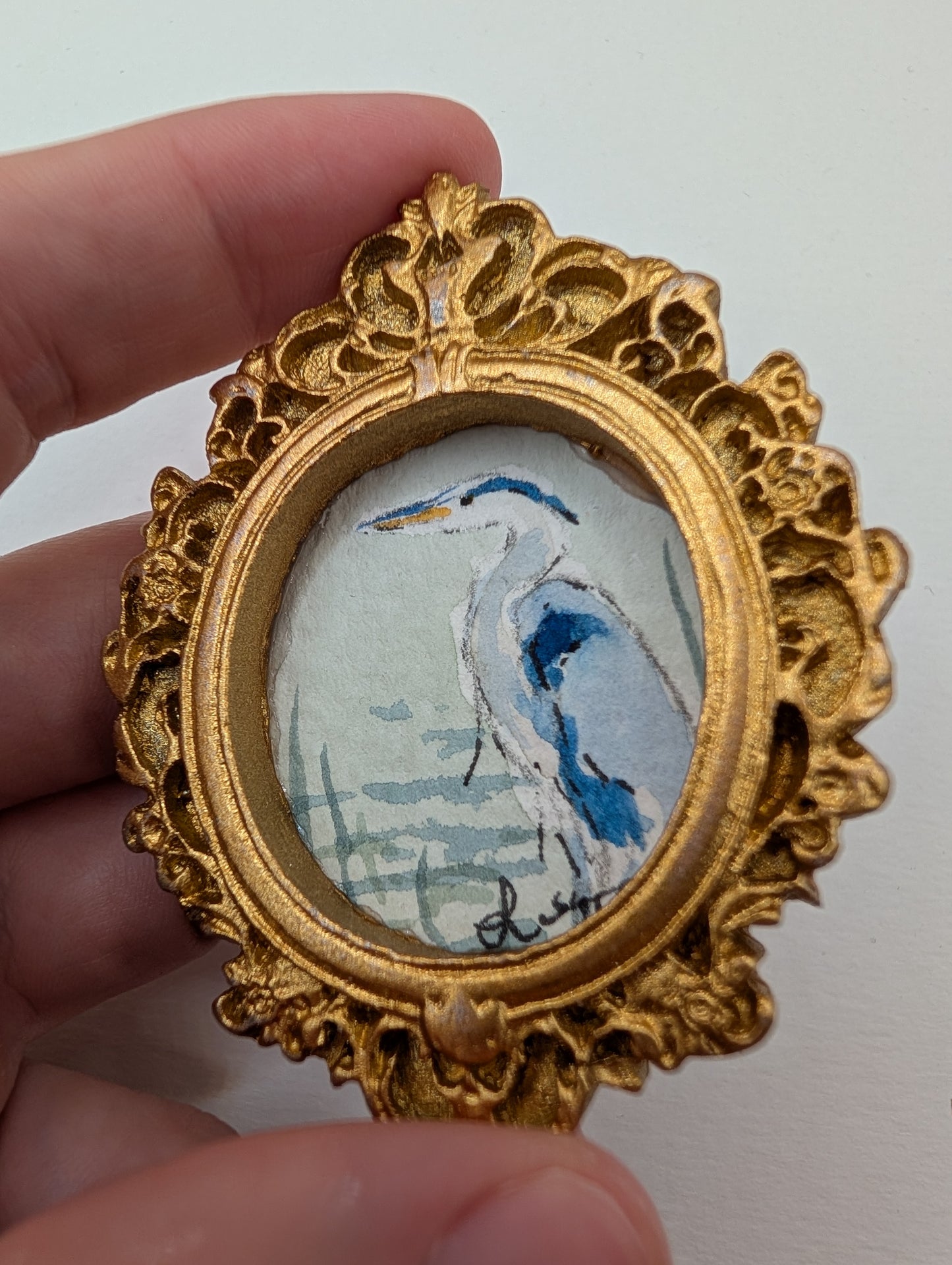 Mini Blue Heron Painting - Original Watercolor Art by Lora Cavallin