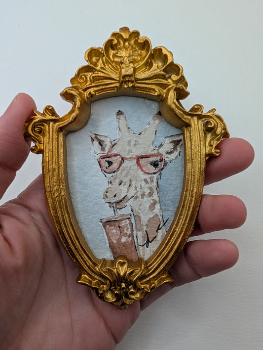 Mini Giraffe with Glasses and Drink Painting - Original Watercolor Art by Lora Cavallin