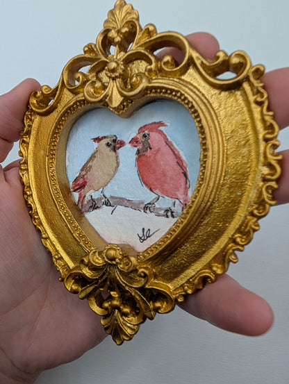 Mini Male and Female Cardinal Birds Painting - Original Watercolor Art by Lora Cavallin