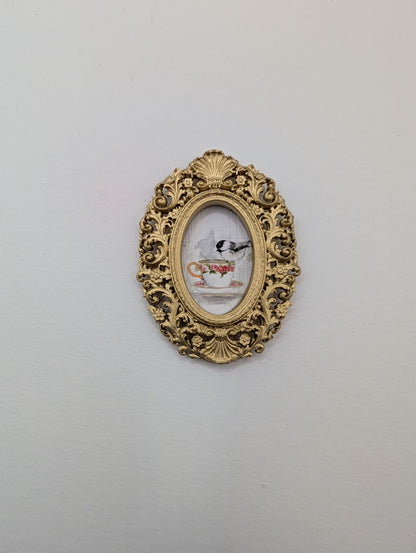Tiny Chickadee Bird on Teacup Watercolor Art Print - Dollhouse Size - With Gold Frame