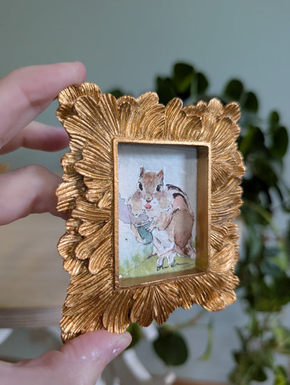 Mini Chipmunk with Coffee Painting - Original Watercolor Art by Lora Cavallin