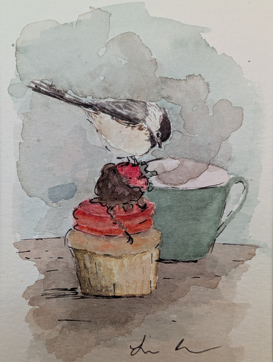 Chickadee Bird with Cupcake and Coffee Watercolor Painting - 5 x 7, 8 x 10" Mat - No Frame - Original Art by Lora Cavallin