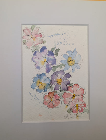 Loose Floral Watercolor Painting - 5 x 7, 8 x 10" Mat - No Frame - Original Art by Lora Cavallin