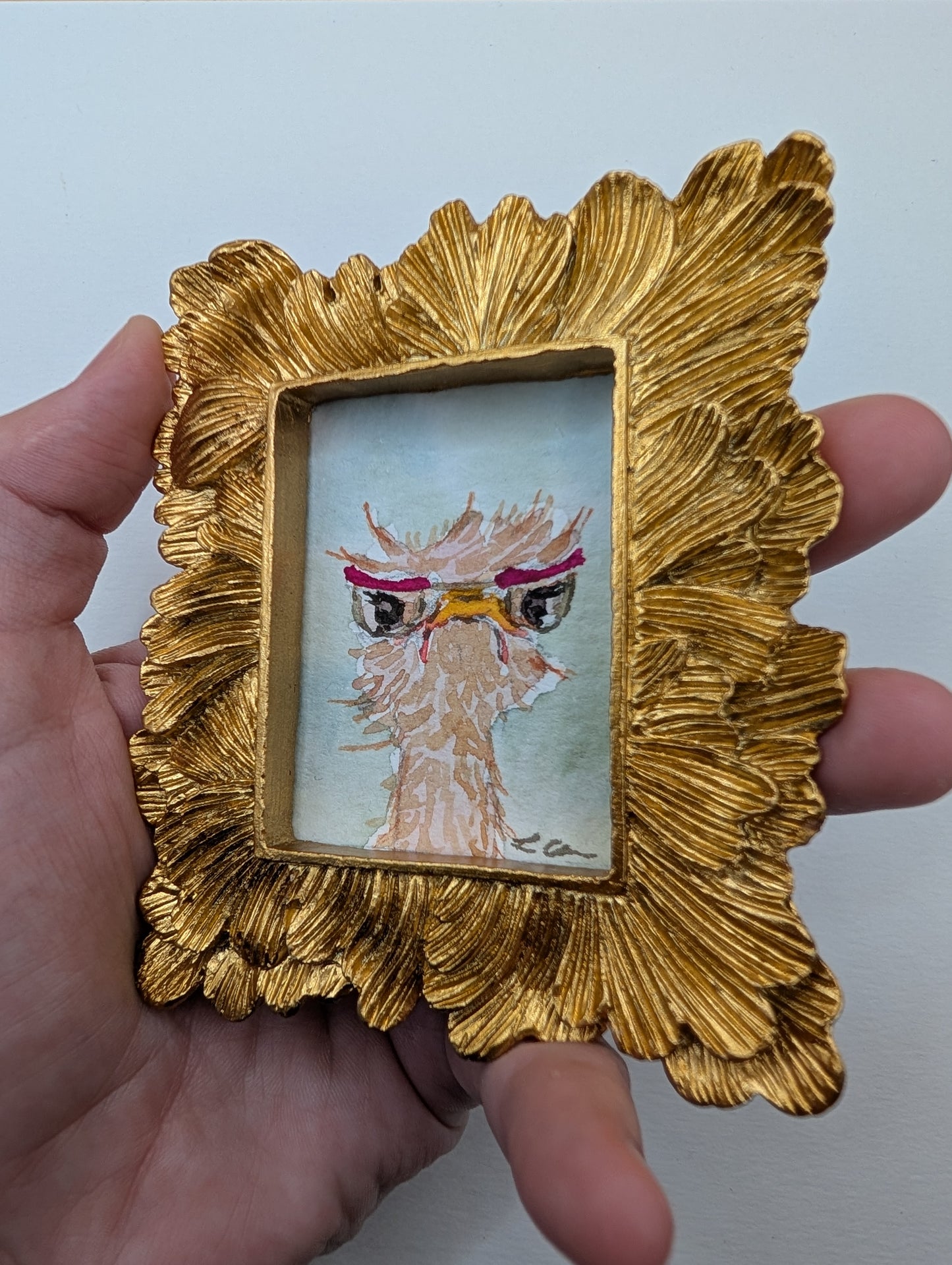 Mini Grumpy Ostrich with Glasses Painting - Original Watercolor Art by Lora Cavallin