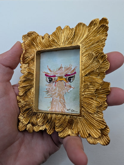 Mini Grumpy Ostrich with Glasses Painting - Original Watercolor Art by Lora Cavallin