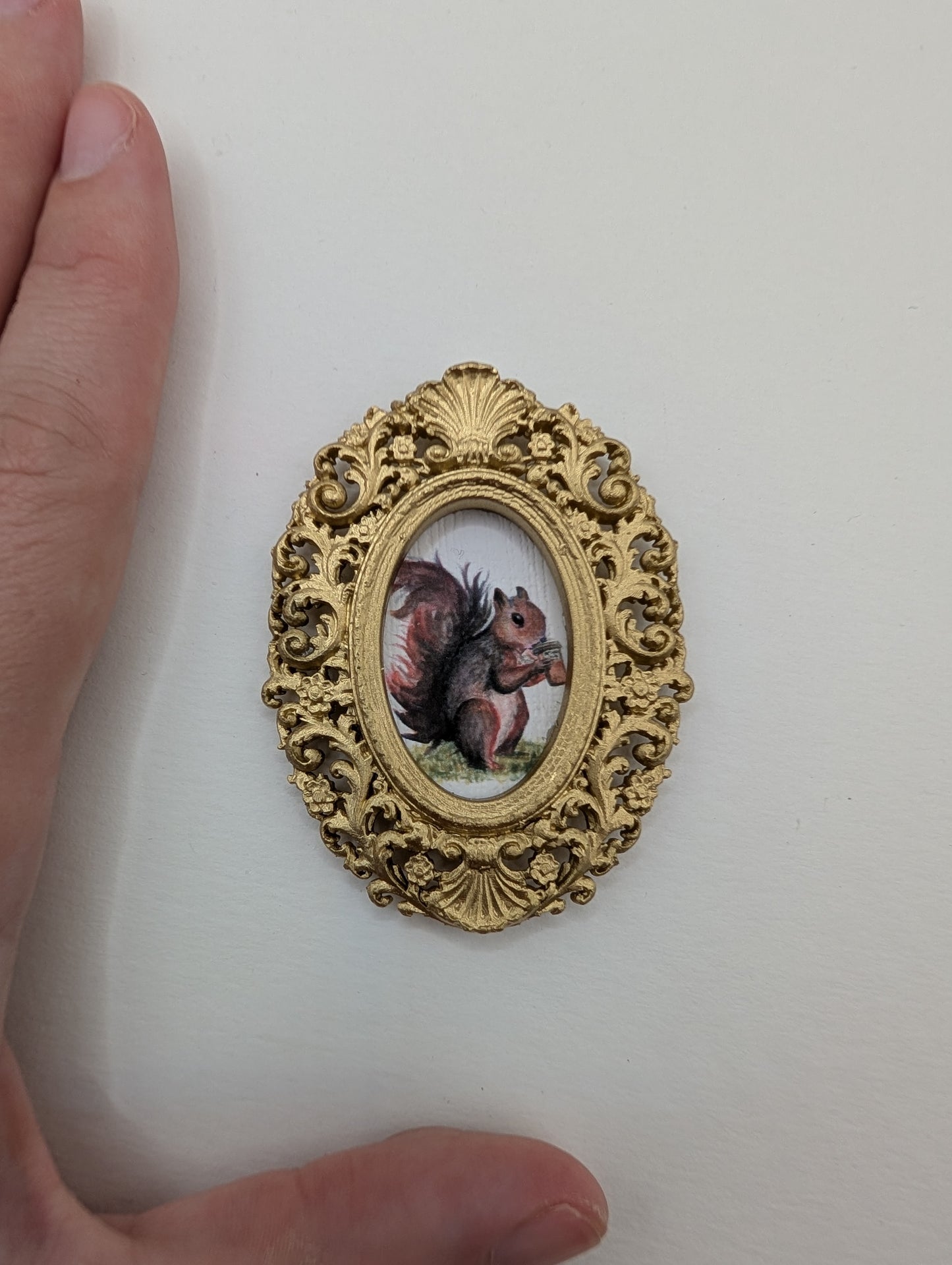 Tiny Squirrel Drinking Coffee Art Print - Dollhouse Size - With Gold Frame