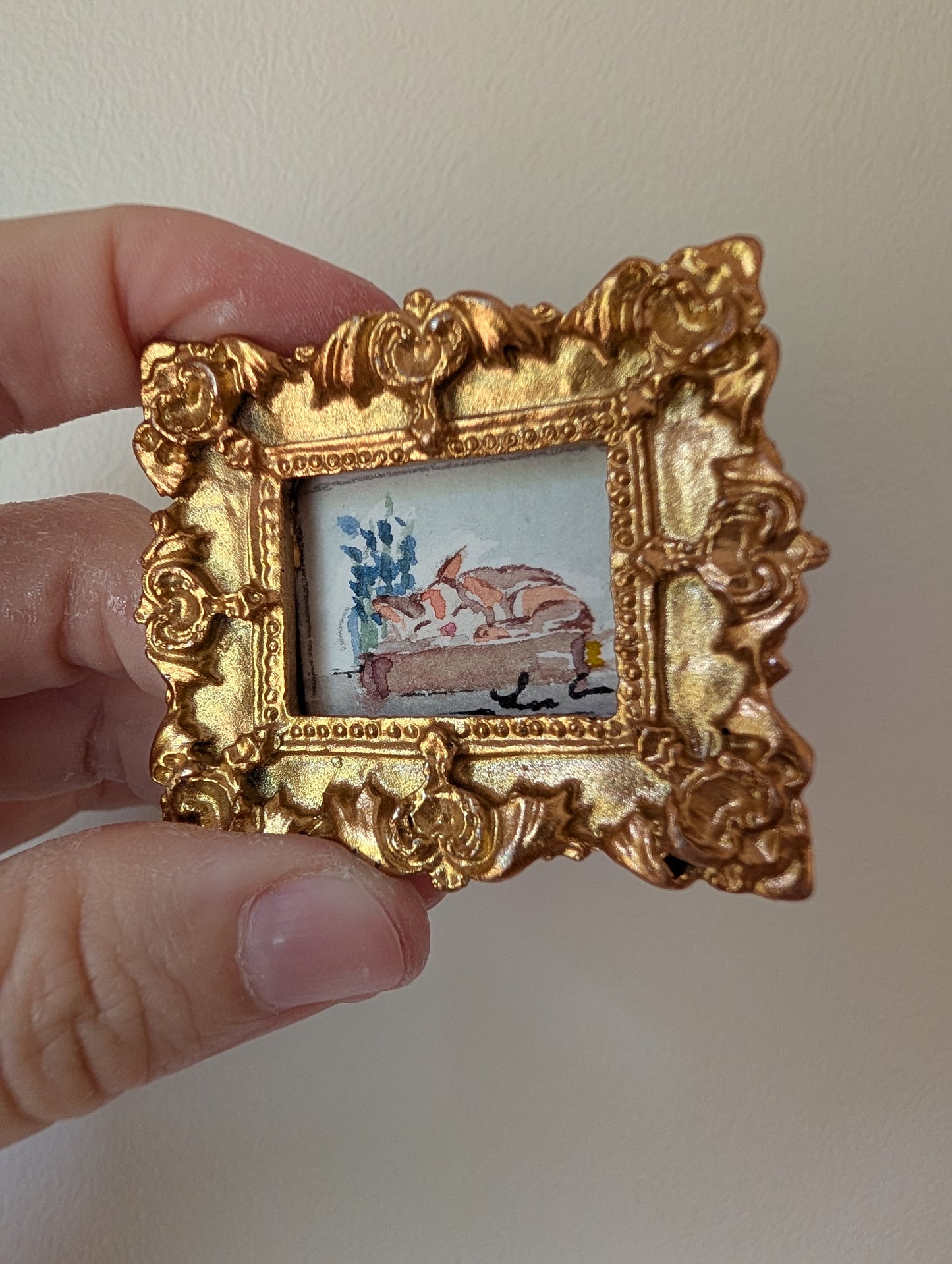 Mini Sleeping Cat Painting - Original Watercolor Art by Lora Cavallin