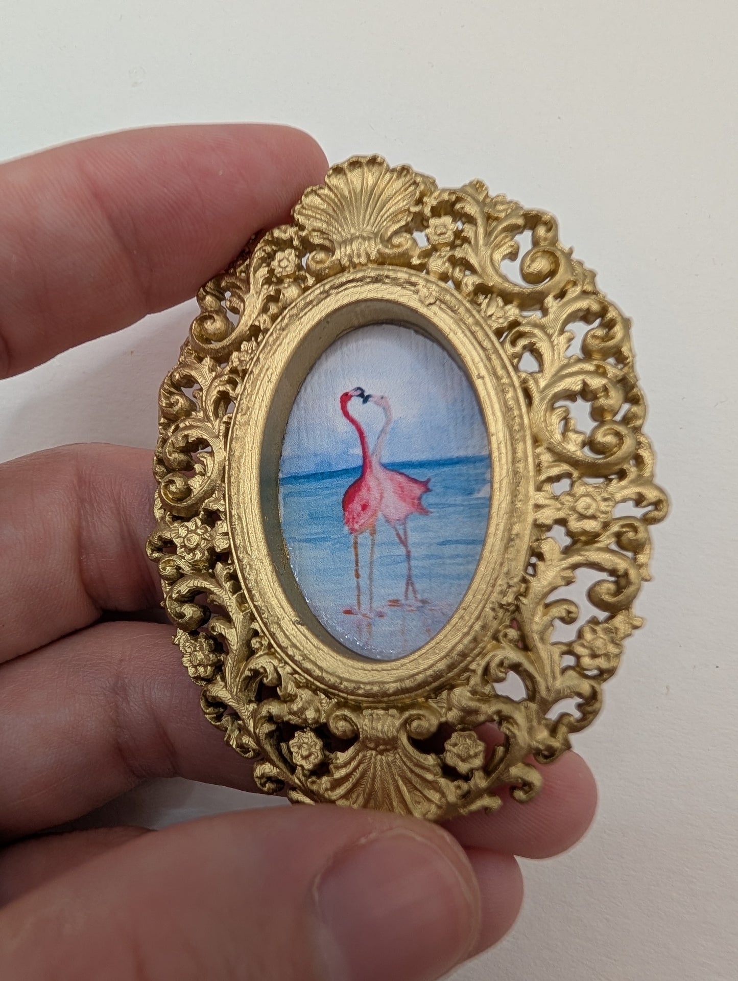 Tiny Flamingos in Love Watercolor Art Print - Dollhouse Size - With Gold Frame