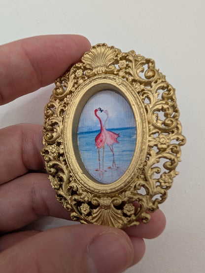 Tiny Flamingos in Love Watercolor Art Print - Dollhouse Size - With Gold Frame