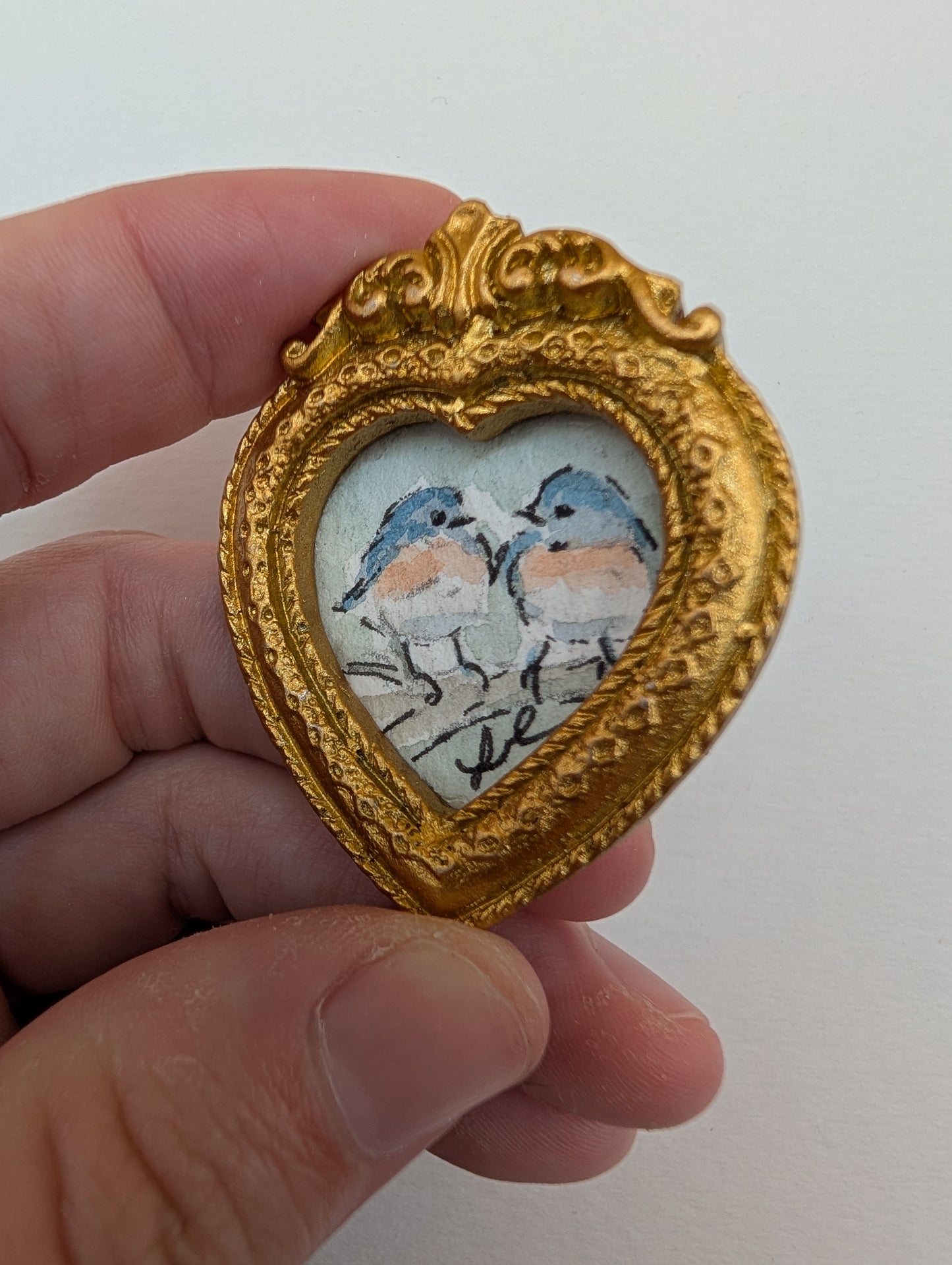 Mini Bluebirds in Love Painting - Original Watercolor Art by Lora Cavallin