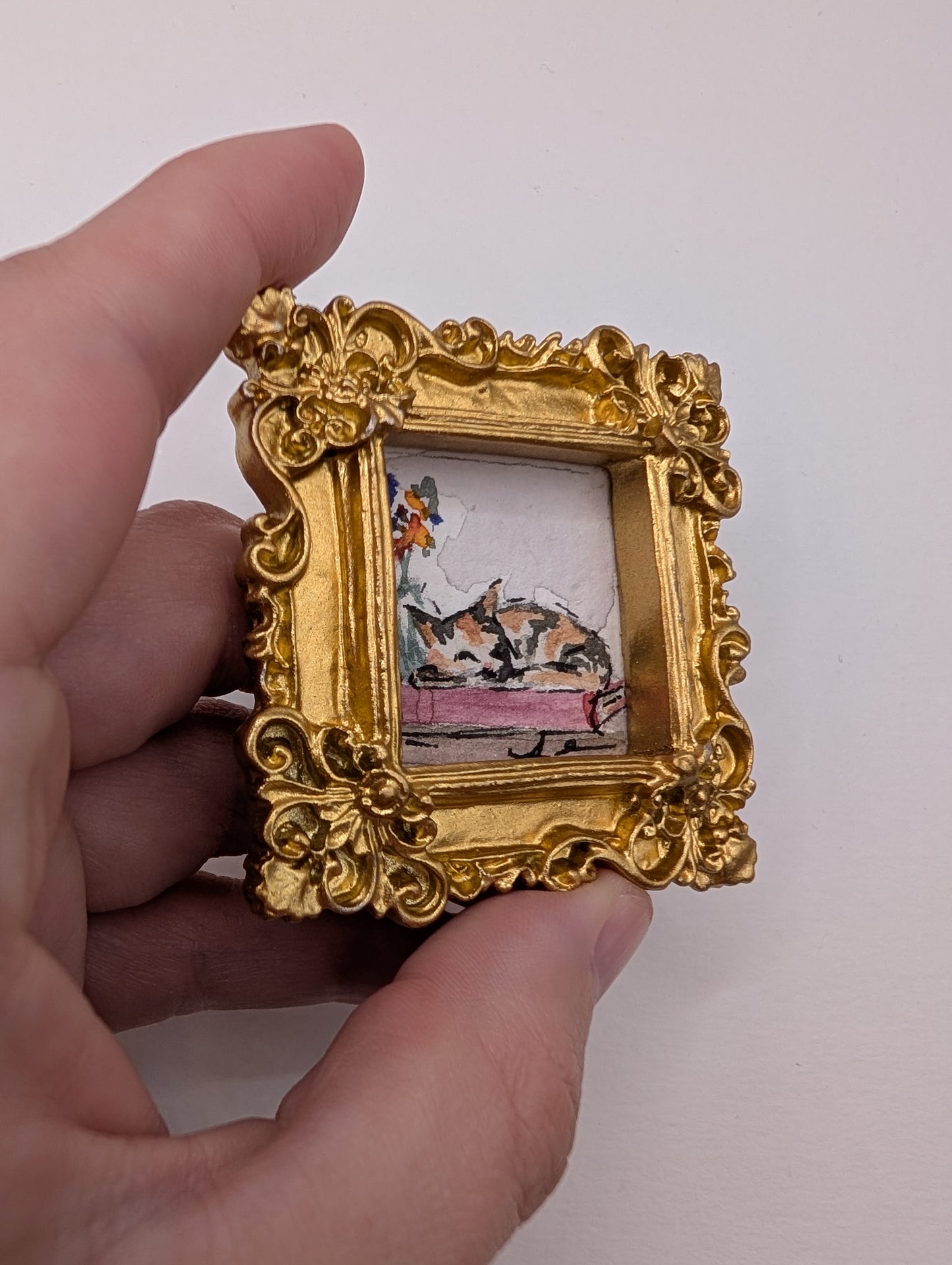 Mini Sleeping Cat Painting - Original Watercolor Art by Lora Cavallin