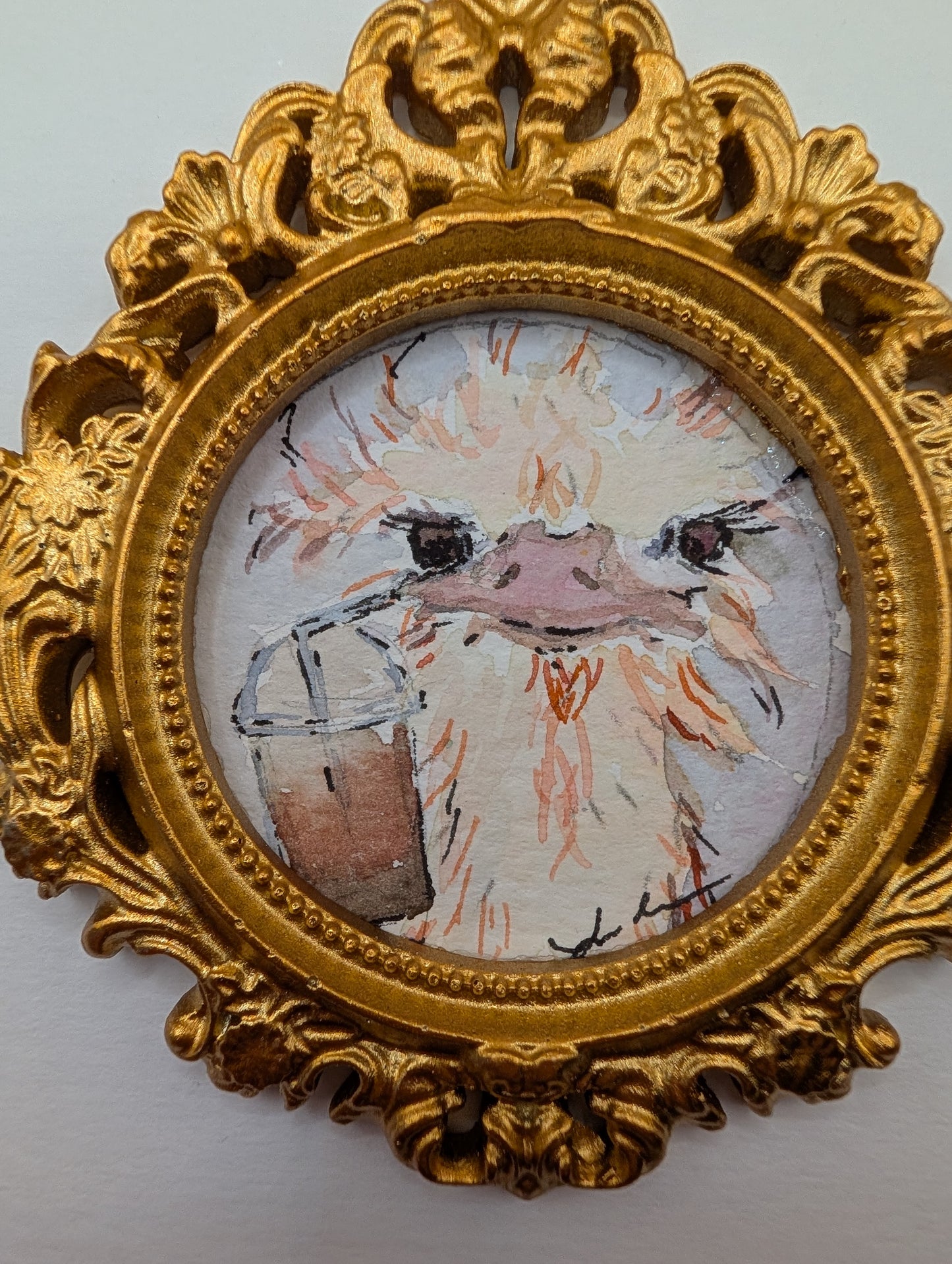 Mini Ostrich with Frozen Coffee Painting - Original Watercolor Art by Lora Cavallin