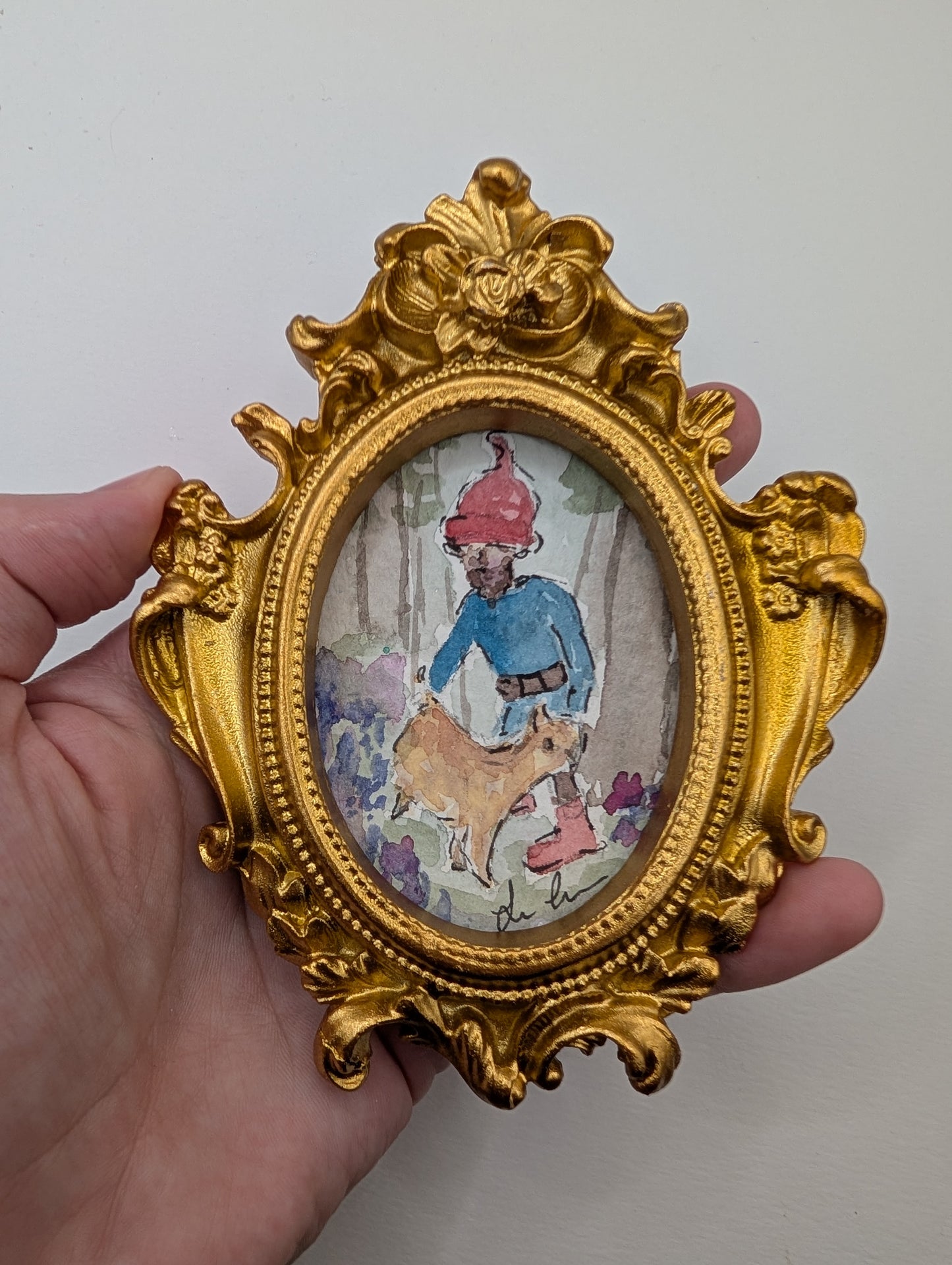 Mini Forrest Gnome with Cat Painting - Original Watercolor Art by Lora Cavallin
