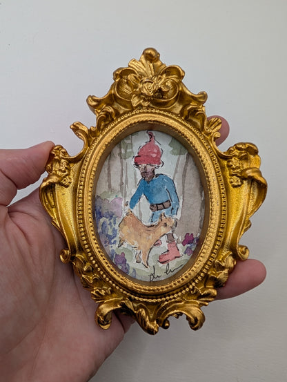 Mini Forrest Gnome with Cat Painting - Original Watercolor Art by Lora Cavallin