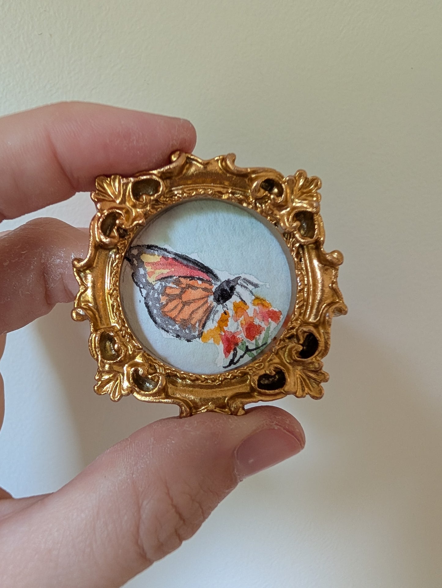 Mini Butterfly on Flower Painting - Original Watercolor Art by Lora Cavallin