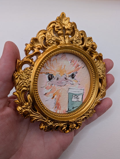 Mini Ostrich with Coffee Painting - Original Watercolor Art by Lora Cavallin