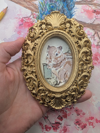 Mini Chipmunk with Coffee Painting - Original Watercolor Art by Lora Cavallin