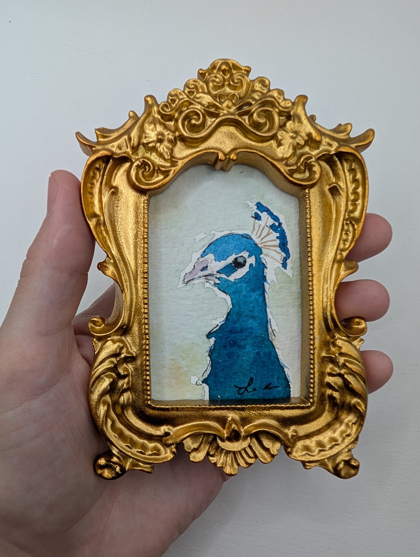 Mini Peacock Painting - Original Watercolor Art by Lora Cavallin