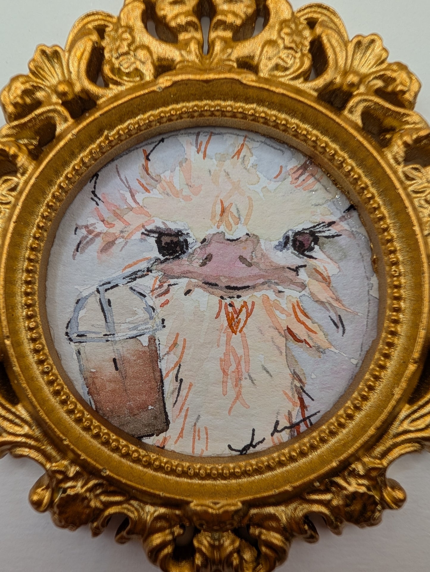 Mini Ostrich with Frozen Coffee Painting - Original Watercolor Art by Lora Cavallin