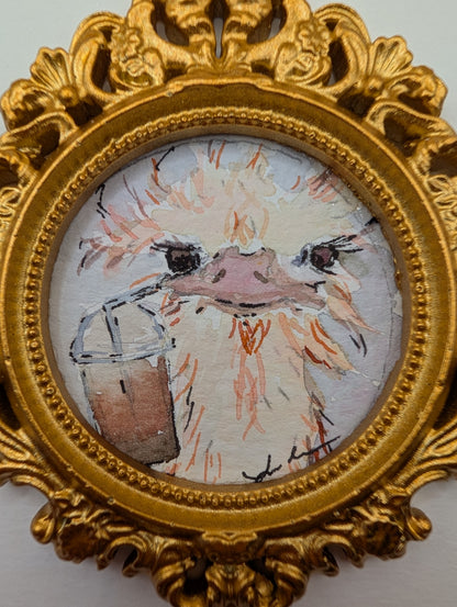 Mini Ostrich with Frozen Coffee Painting - Original Watercolor Art by Lora Cavallin