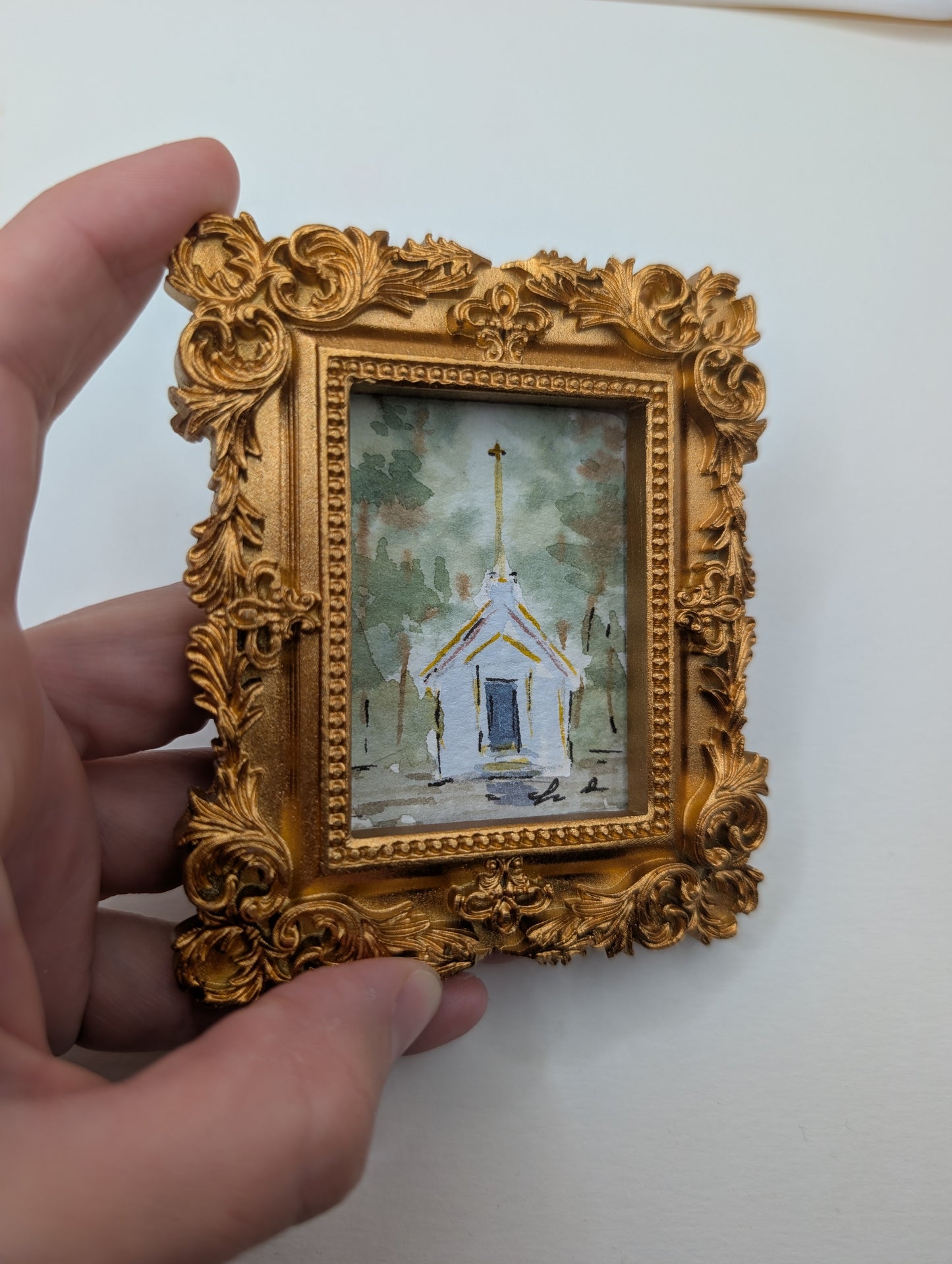 Mini Church Painting - Original Watercolor Art by Lora Cavallin