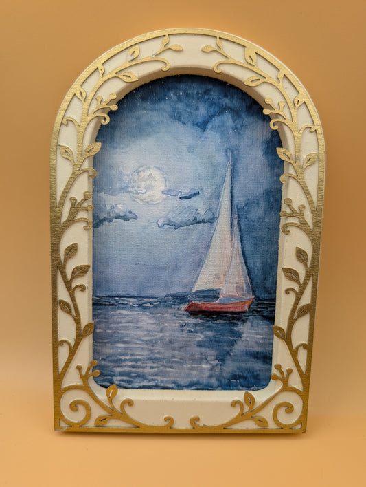 Sailboat and Full Moon Print - Arched Framed Print