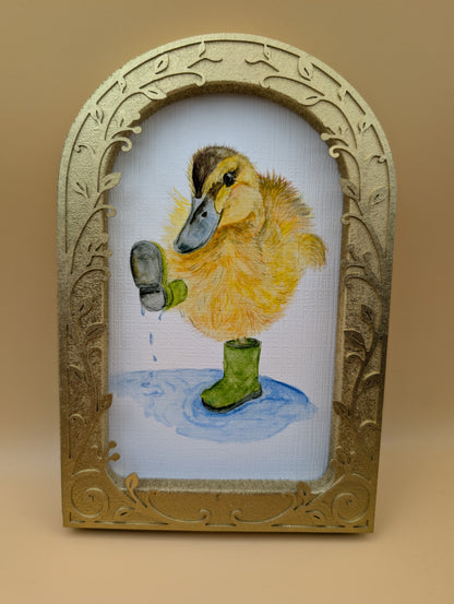 Duck Playing in Puddle Print - Arched Framed Print