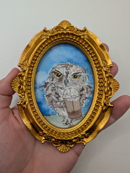 Mini Owl with Frozen Coffee Painting - Original Watercolor Art by Lora Cavallin