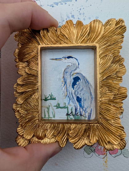 Mini Blue Heron Painting - Original Watercolor Art by Lora Cavallin