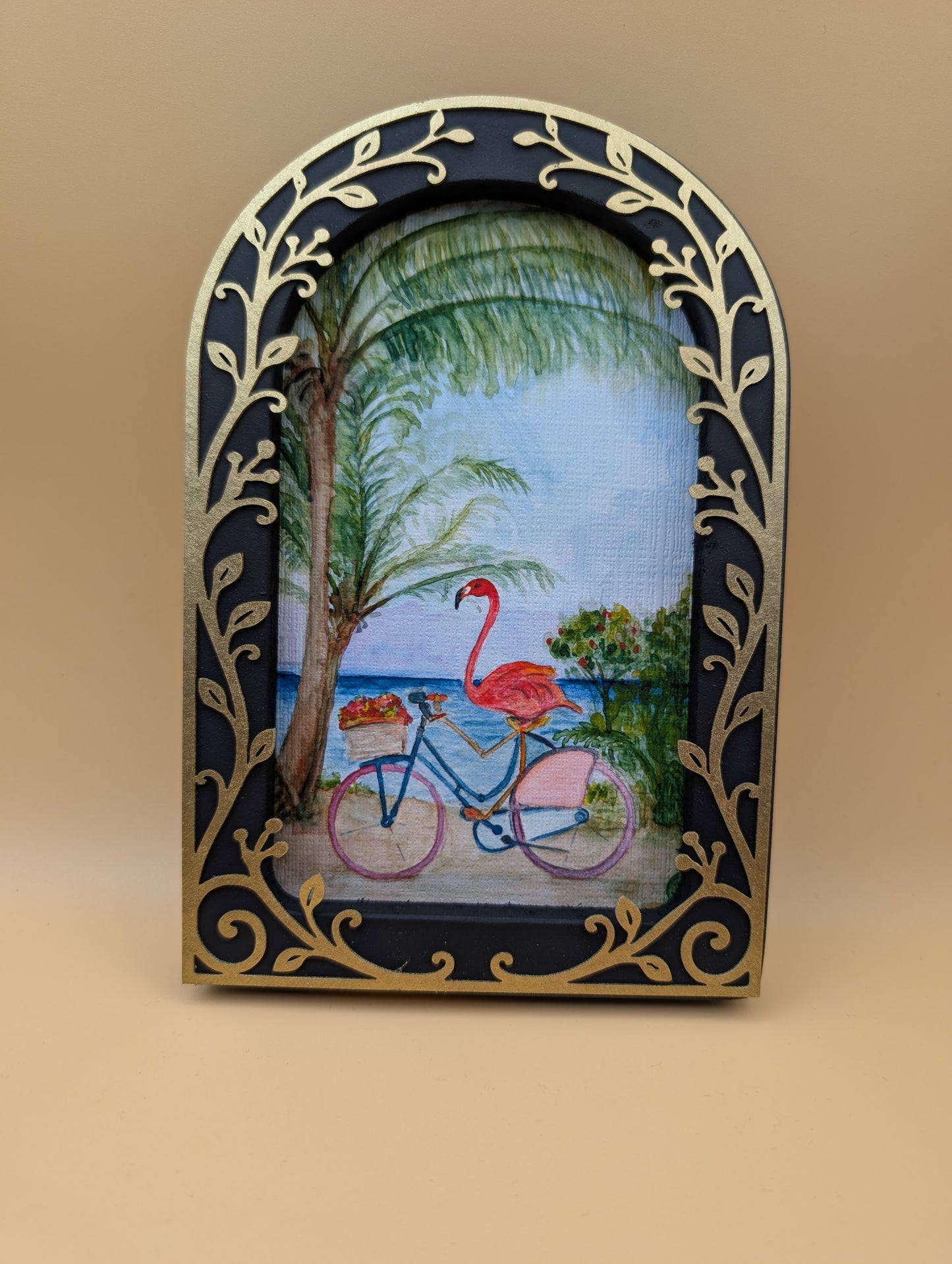 Flamingo Beach Day Print - Arched Framed Print