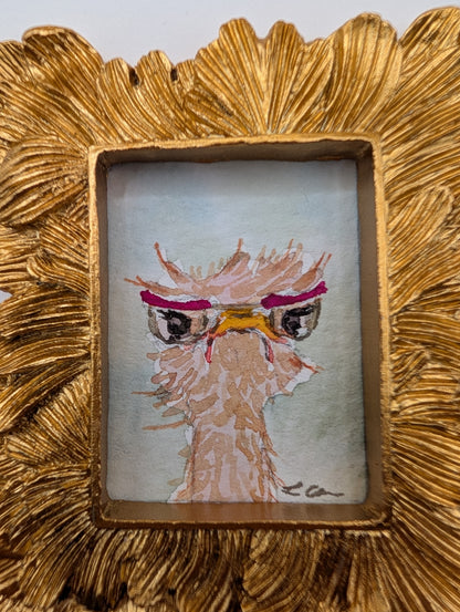 Mini Grumpy Ostrich with Glasses Painting - Original Watercolor Art by Lora Cavallin
