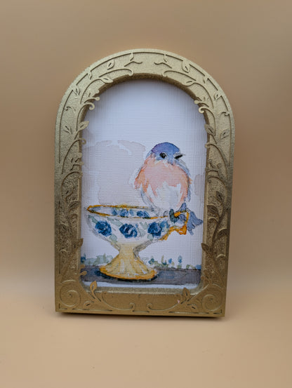 Loose Watercolor Bluebird on Teacup Print - Arched Framed Print