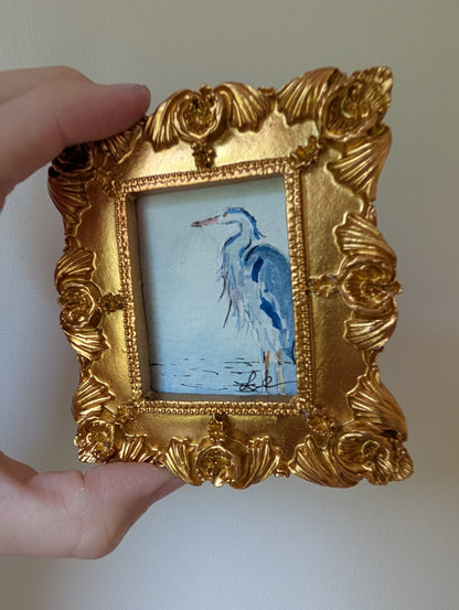 Mini Blue Heron Painting - Original Watercolor Art by Lora Cavallin