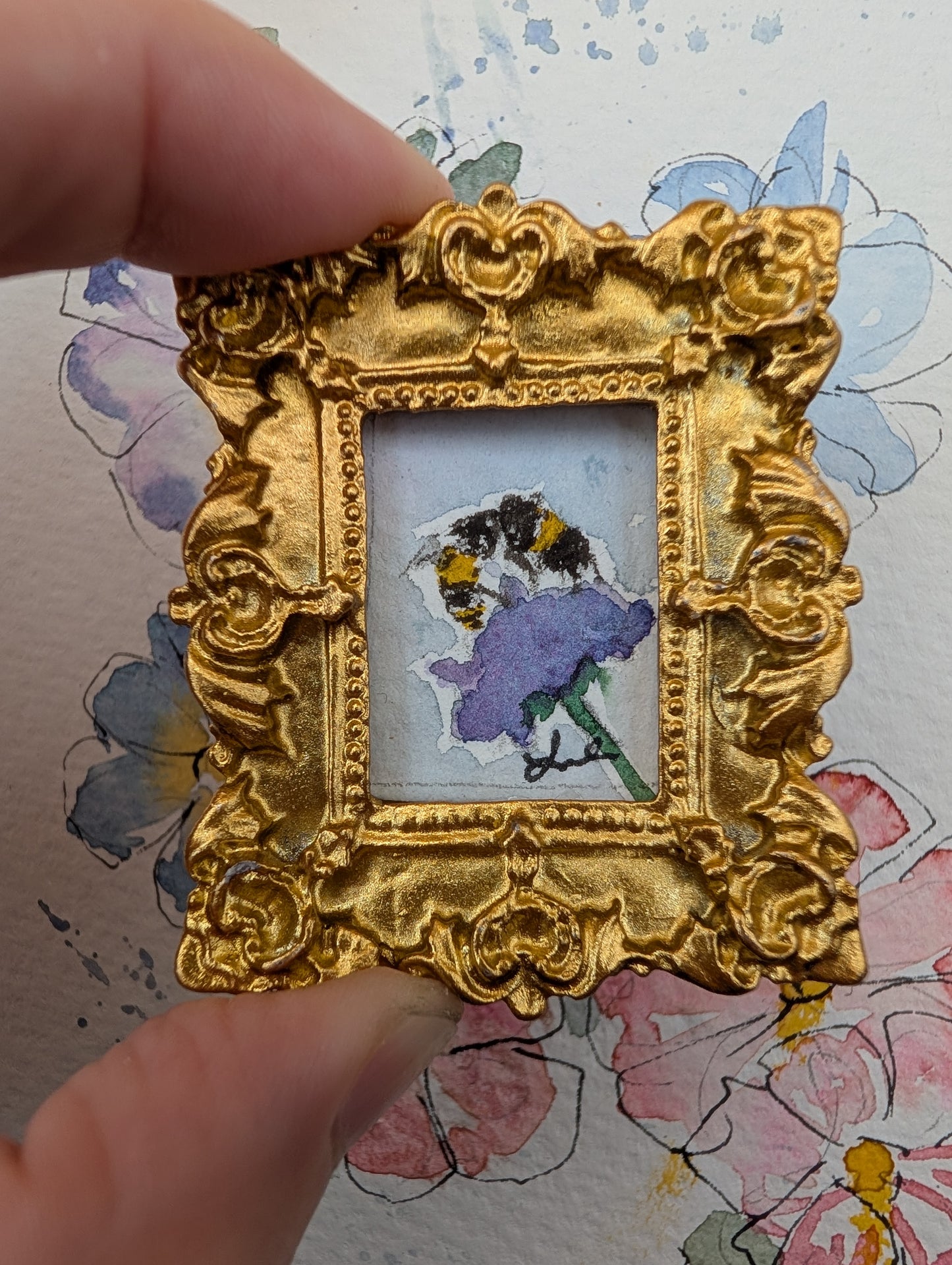Mini Bee on Flower Painting - Original Watercolor Art by Lora Cavallin