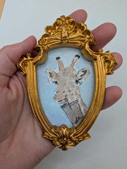 Mini Giraffe with Drink Painting - Original Watercolor Art by Lora Cavallin