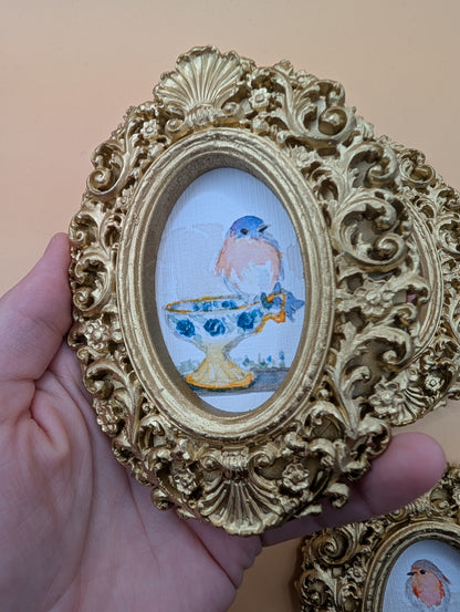 Small Birds on Teacups Art Print Set of Three - With Gold Frames - Watercolor Design