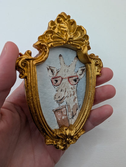 Mini Giraffe with Glasses and Drink Painting - Original Watercolor Art by Lora Cavallin