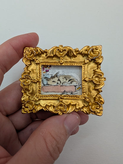 Mini Sleeping Cat Painting - Original Watercolor Art by Lora Cavallin