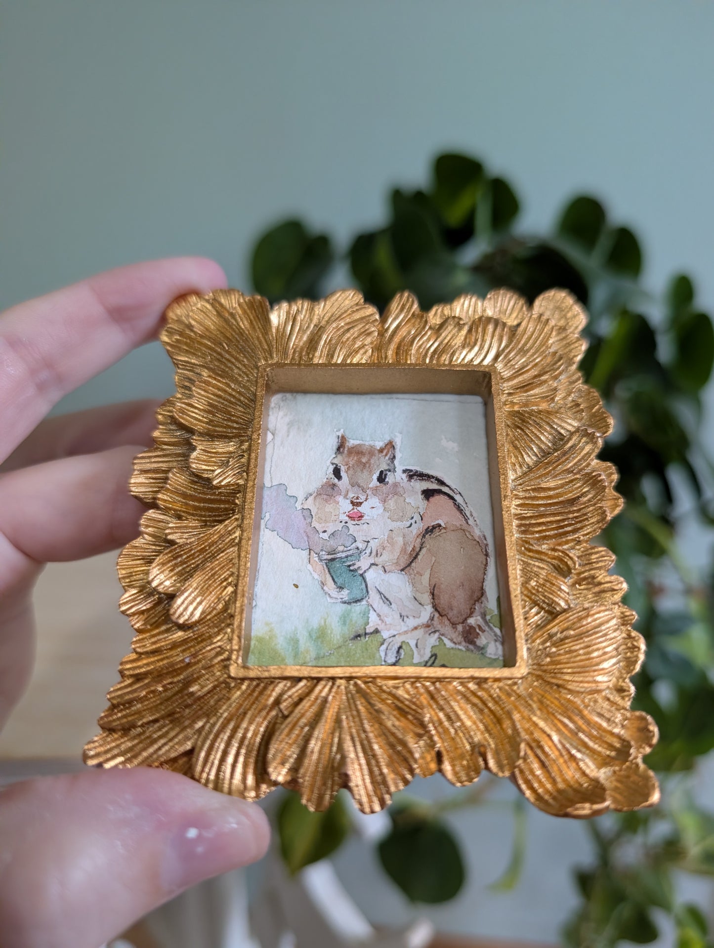 Mini Chipmunk with Coffee Painting - Original Watercolor Art by Lora Cavallin
