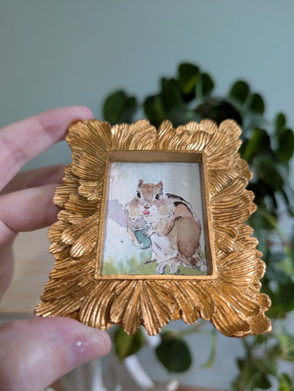 Mini Chipmunk with Coffee Painting - Original Watercolor Art by Lora Cavallin