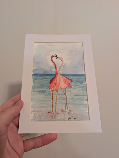 Flamingos in Love Watercolor Painting - 4 x 6" - No Frame, Comes with Mat - Original Art by Lora Cavallin