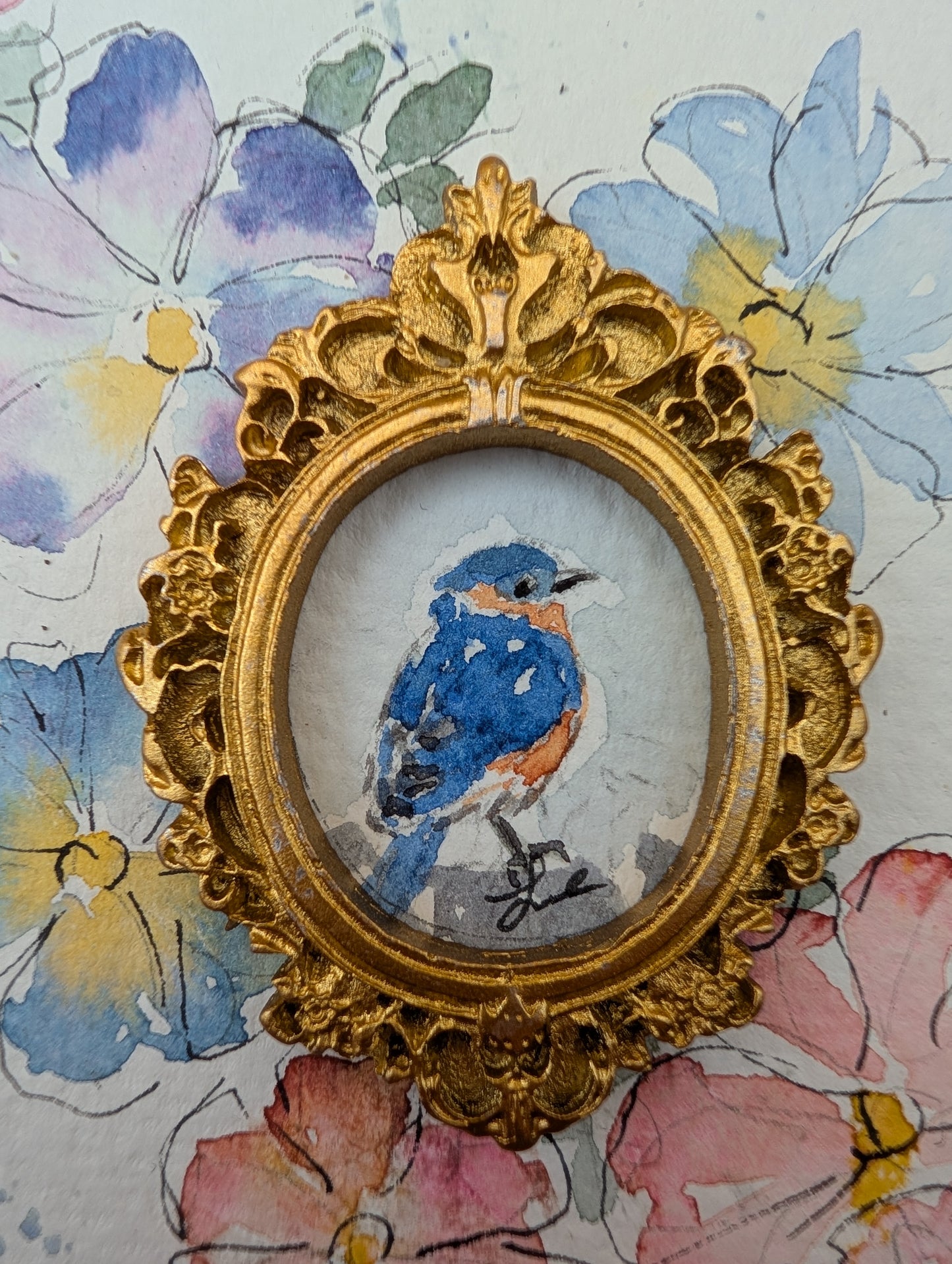 Mini Bluebird Painting - Original Watercolor Art by Lora Cavallin