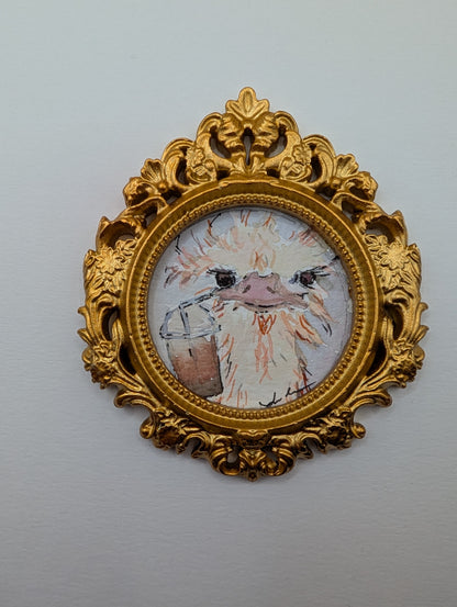 Mini Ostrich with Frozen Coffee Painting - Original Watercolor Art by Lora Cavallin